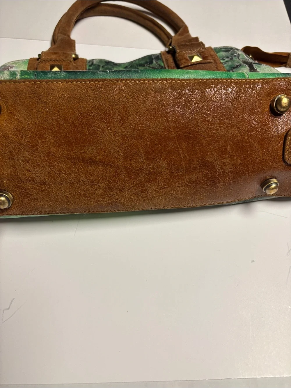Green Floral Leather Shoulder Bag with Brown Suede Trim